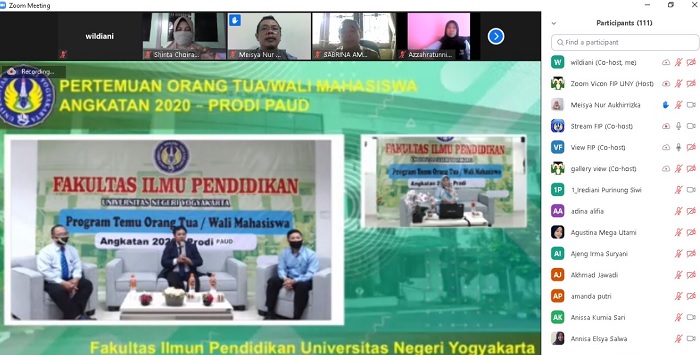 Pertemuan Orangtua Wali Mahasiswa Jurusan PAUD FIP UNY Angkatan 2020 secara Daring